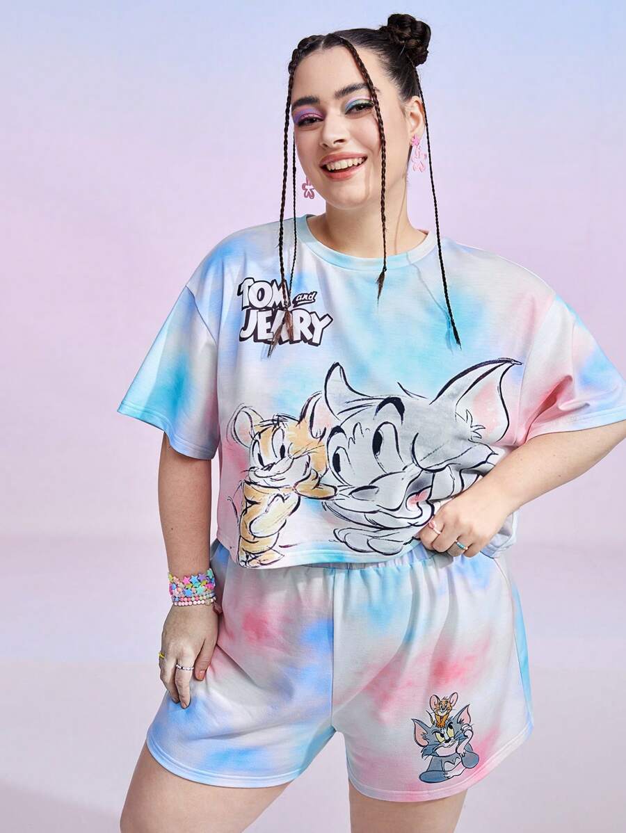 TOM & JERRY X SHEIN Plus Summer Cartoon Graphic Tee & Shorts Set - Multicolor - View 1