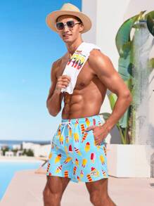 Manfinity Men's Ice Cream Printed Drawstring Waist Beach Shorts - Blue - View 4