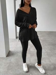 VaVaBold V領長袖開叉t卹+緊身褲套裝 - 黑色 - 查看 6