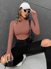 SHEIN EZwear Cổ giả Curved Hem Áo phông Crop - Bụi hồng - Xem 4