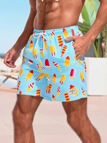 Manfinity Men's Ice Cream Printed Drawstring Waist Beach Shorts - Blue - View 3