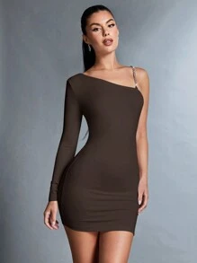 SHEIN BAE 1件女式長袖不對稱肩露背裙,鍊帶和鑽石裝飾