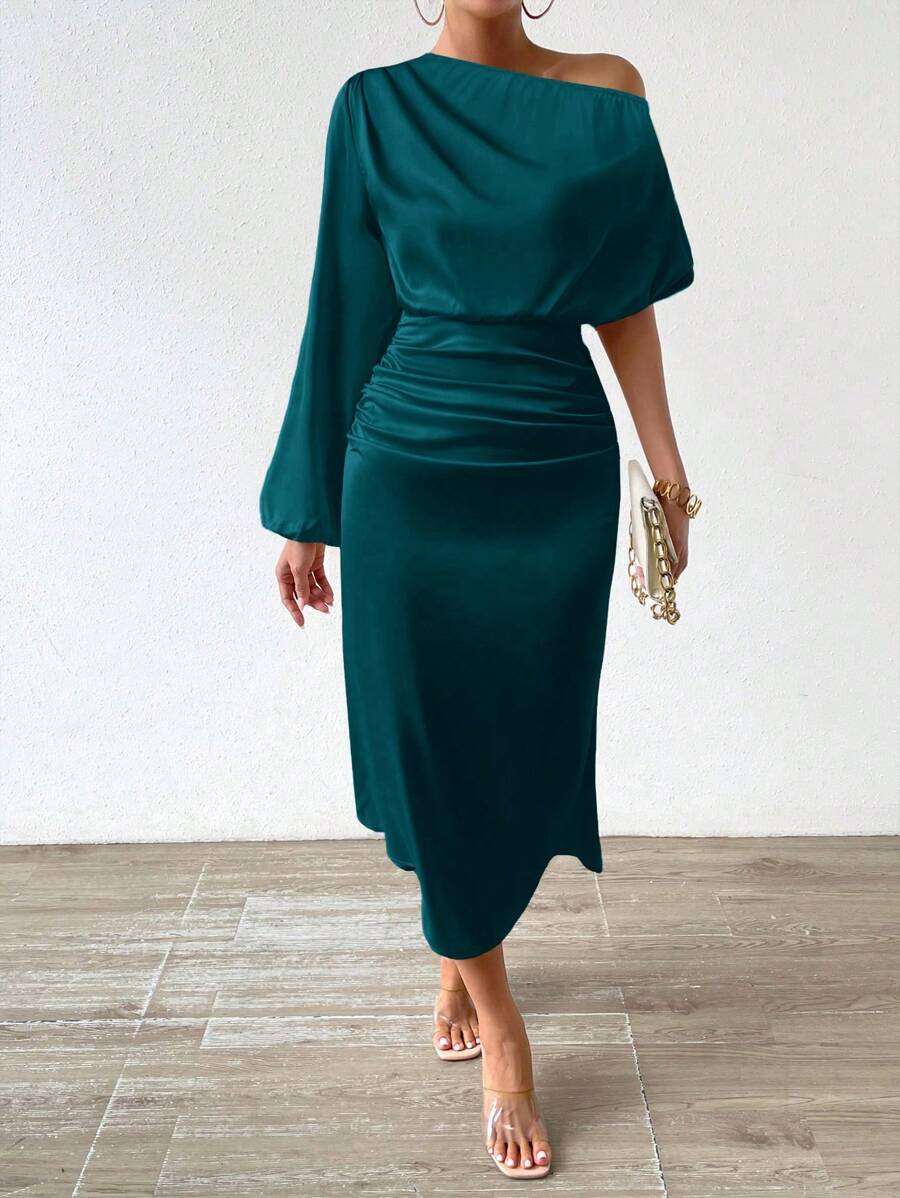 Chiquease Asymmetrical Neckline Satin Dress - Teal Blue - View 1
