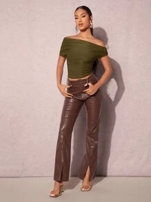 SHEIN BAE Women's Short Sleeve Top With Pleated Detail - Army Green - View 3