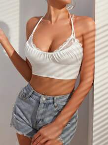 SHEIN Spitzenbesatz Crop-top Für Damen Für Alle Vier Jahreszeiten, Als Halterneck-top Tragbar - Weiss - Übersicht 5