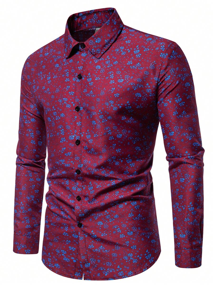 Manfinity Bizformal Men's Floral Printed Long Sleeve Shirt - Red - View 1