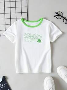 小男孩撞色幸運四葉草字母印花t卹 - 白色 - 查看 1