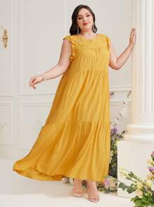 Mulvari Đầm Plus Size Đề can Xù Hoa Khiêm tốn - Màu Mù tạt vàng - Xem 5