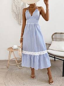 SHEIN LUNE 女性條紋露背連衣裙,配腰帶