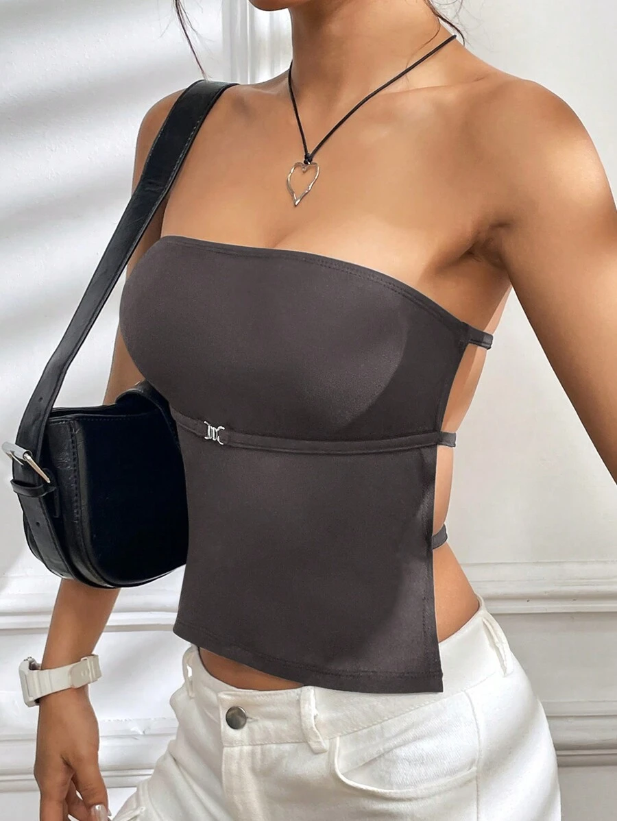 SHEIN EZwear Quý cô Màu thuần Không lưng Ống ngọn - Màu xám đen - Xem 1