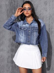 SHEIN EZwear سترة نسائية من قماش الدنيم بأزرار أمامية بحاشية متوترة - الأزرق - مشاهدة 4