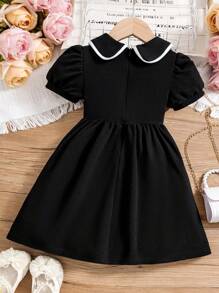 SHEIN 年轻女孩拼色彼得潘领泡泡袖连衣裙 - 黑色 - 查看 2