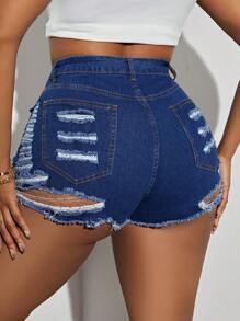 SHEIN SXY Ripped Frayed Hem Denim Hot Shorts - Blue - View 1