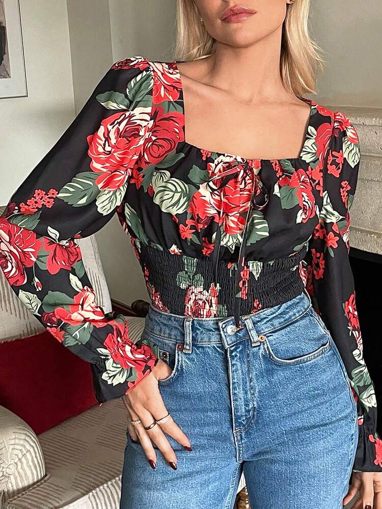 Valentine's Day Wedding Rose Print Square Neck Shirt Winter Vacation Flower