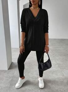 VaVaBold V領長袖開叉t卹+緊身褲套裝 - 黑色 - 查看 4