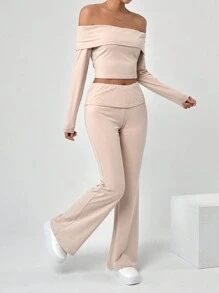 SHEIN EZwear Women's Solid Color Off-Shoulder Long Sleeve T-Shirt And Bell Bottoms Two Pieces Set - Khaki - View 3