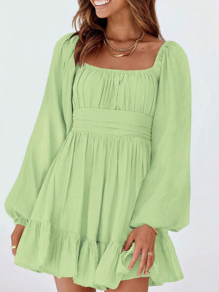 Vestidos Elegantes Con Collar Cuadrado, Nudo Sólido, Ajustados Y Con Falda Acampanada - Verde - Ver 1