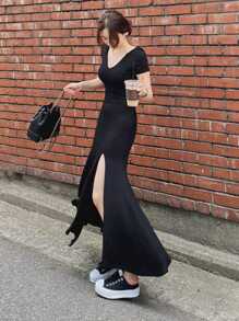 DAZY Ladies' Solid Color High Slit Dress Sundress