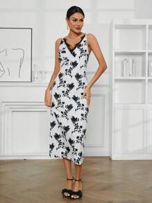 GENKIRA Flower Lake Pattern Printed Sleeveless Lace Trim Dress - Multicolor - View 6