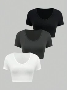 SHEIN Unity Của phụ nữ Màu thuần Quần skinny Thon gọn Áo thun Với Cổ chữ V - Nhiều màu - Xem 3