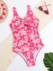 SHEIN 隨機印花和扭結細節的少女單件泳裝 - 玫紅色 - 查看 1