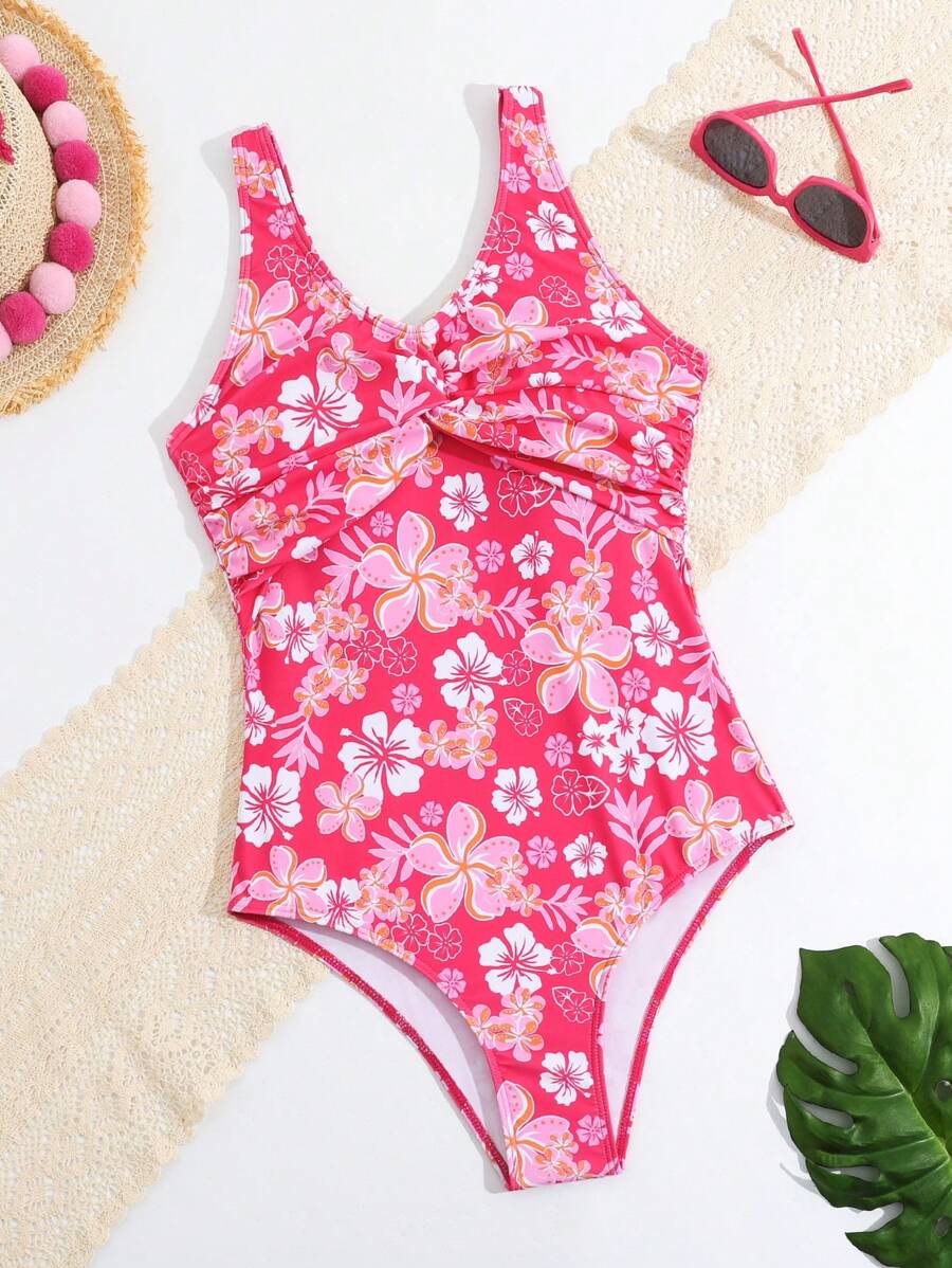 SHEIN 隨機印花和扭結細節的少女單件泳裝 - 玫紅色 - 查看 1