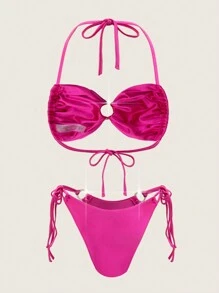 SHEIN Swim 女士纯色两件套泳衣套装 夏季 - 玫紅色 - 查看 6
