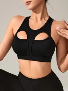 Easithlete Women's Solid Color Hollow Out Sports Bra - Black - View 3