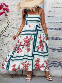 Breezaya 大尺碼女士花紋條紋印花細肩帶連衣裙