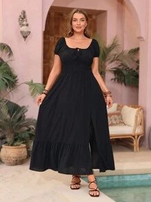 SHEIN VCAY 大碼純色高開叉連衣裙 - 黑色 - 查看 5