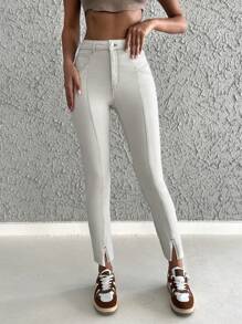 EURMUSE 98%Cotton High Waist Split Hem Skinny Jeans - Beige - View 4