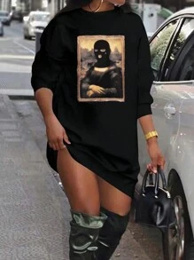 Maweii 大尺碼女士有趣圖案的運動衫連衣裙 - 黑色 - 查看 1