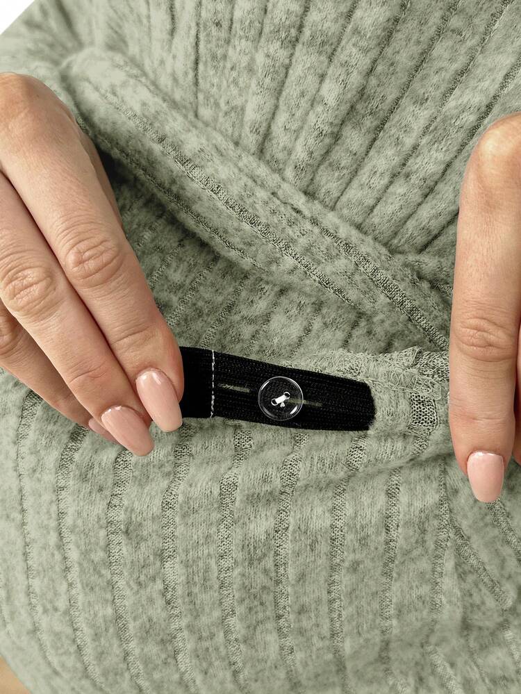 SHEIN Juego De Camiseta De Manga Larga De Cuello Asimétrico Para Maternidad Y Pantalones Largos Con Cintura Ajustable - Verde militar - Añade 3