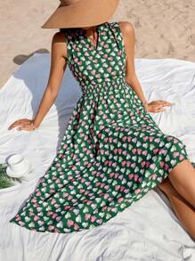 GENKIRA Sleeveless Printed Notched Neck Dress - Multicolor - View 1