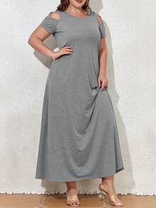 Robe décontractée avec épaules dénudées et poches pour femmes grande taille - Gris - Voir 4