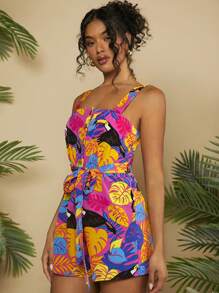 Travachic Women's Vacation Tropical Plant Printed Jumpsuit With Spaghetti Straps - Multicolor - View 4