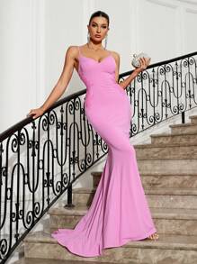 SHEIN Belle Women's Rose Pink Knitted Stretch Mermaid Train Dress,Exquisite Flower Applique V-Neck Cami Fish Tail Back Tied Cascading Ruffles Evening Party Gown - Pink - View 6