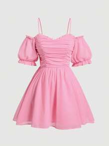 SHEIN MOD Plus Size Women's Off Shoulder Pleated Dress - Pink - View 1