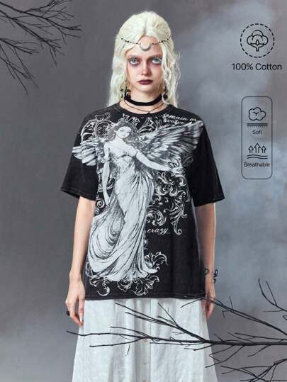 Goth Women's Portrait & Letter Print Round Neck T-shirt