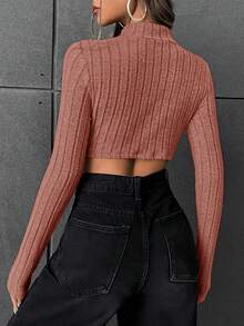SHEIN EZwear Cổ giả Curved Hem Áo phông Crop - Bụi hồng - Xem 2