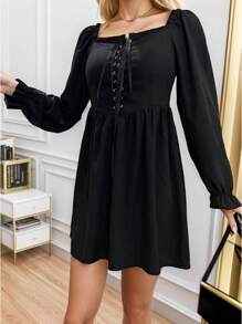 SHEIN Unity 女士正方領綁帶前裝飾荷葉袖a字裙 - 黑色 - 查看 5