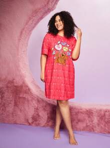 SCOOBY-DOO X SHEIN Plus Size Cartoon Heart Printed Sleep Dress - Pink - View 3