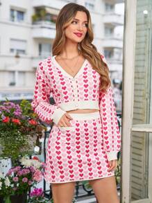 SHEIN Frenchy 2pcs/Set Knitted Sweater With Heart Pattern Winter Thanks Giving Casual