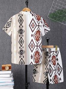Tween Boys' Loose Casual Geometric Print Short Sleeve Shirt And Shorts SetSibling Outfits - White - View 7