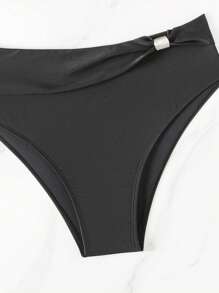 SHEIN Swim 女士交叉设计比基尼套装带金属扣装饰音乐节夏日海滩 - 黑色 - 查看 4