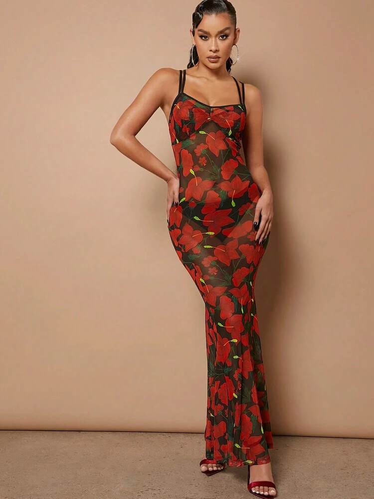 Floral Print Crisscross Back Mermaid Hem Sheer Maxi Cami Dress