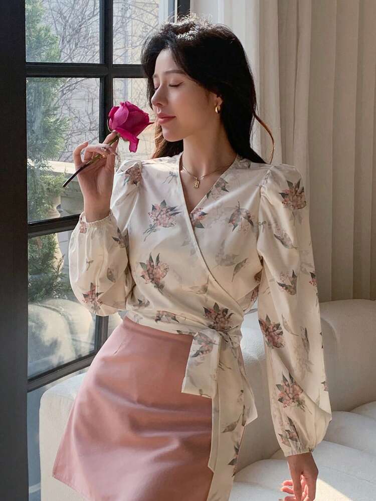 Floral Print V-Neck Wrap Tie Front Cropped Long Sleeve Shirt For Women,Long Sleeve Tops,Fall Clothes Graphic Tee