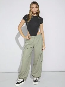 SHEIN EZwear Women's Solid Color Drawstring Cargo Pants - Army Green - View 5
