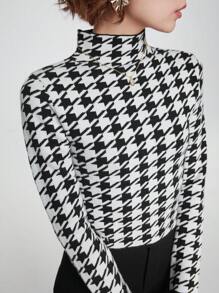 SHEIN Unity Women's Stand Collar Houndstooth Pattern Long Sleeve Knit Pullover Fall Winter Sweater - Black and White - View 1
