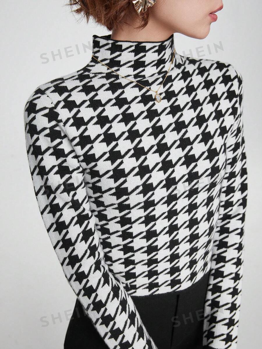 SHEIN Unity Damen Stehkragen Hahnentrittmuster Langarm Strickpullover Herbst Winter Pullover - Schwarz und Weiss - Übersicht 1